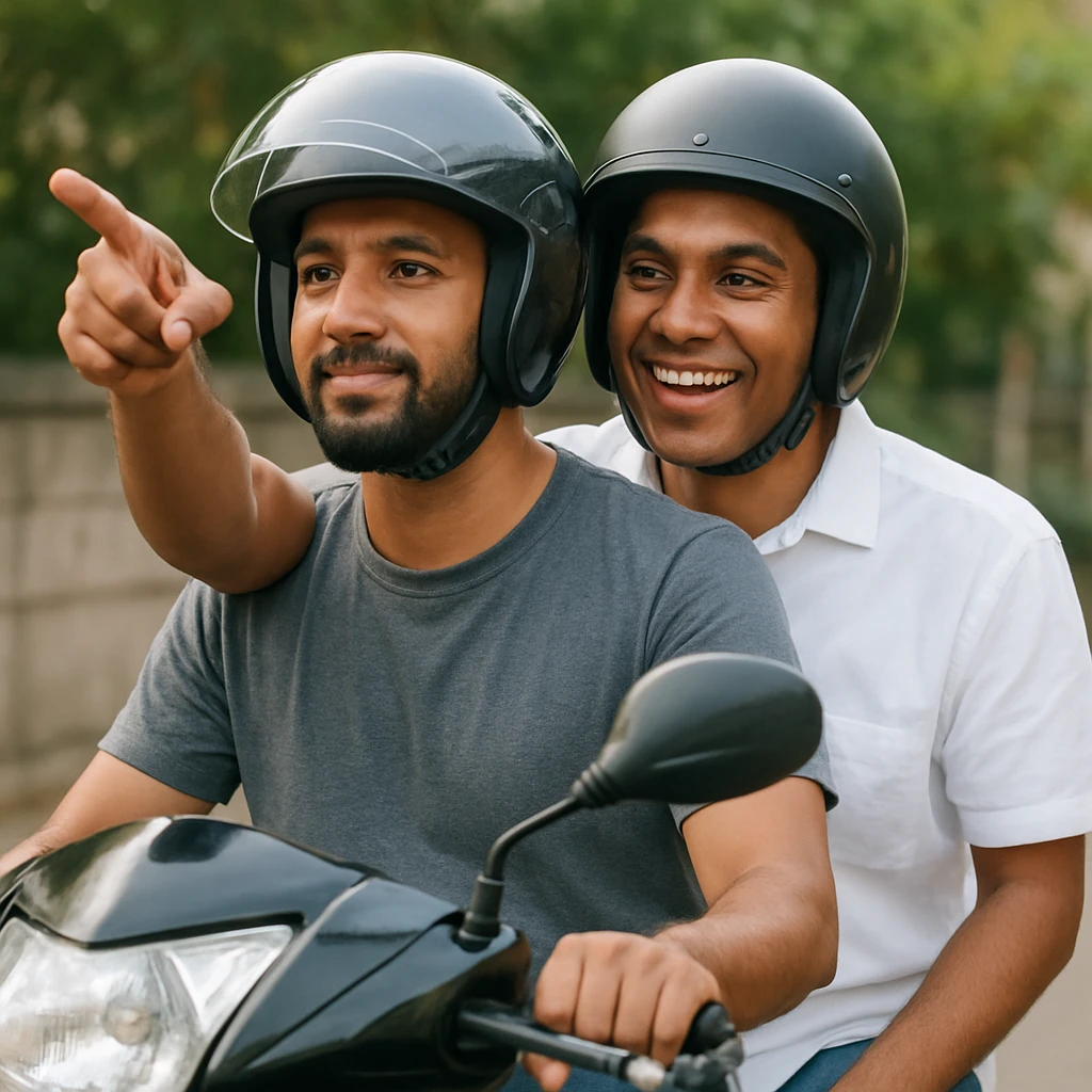 two men sitting on a bike, both wearing helmets, the man behind the driver wearing a white shirt and pointing a finger, both with brown skin tone emoji