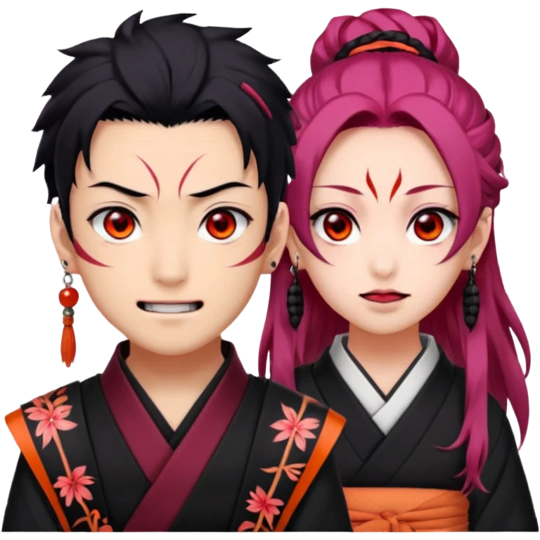 tanjiro male : Kind red eyes, black hair with burgundy tips, forehead scar, tanned skin, Hanafuda earrings.                             nezuko:   Pink eyes, black-orange hair, fangs, bamboo muzzle in mouth. emoji