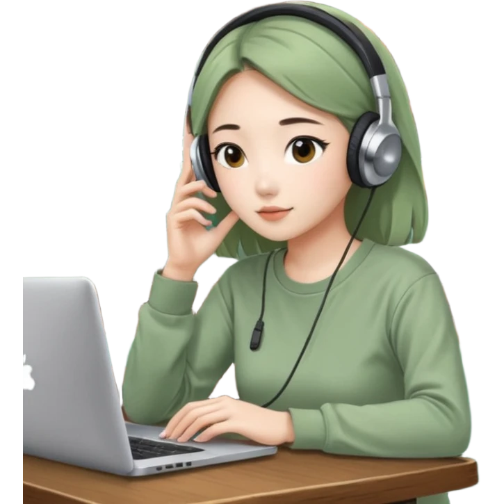 A Korean girl at a dive bar with a laptop and headphones with coffee watchin a korean drama the shirt in sage green emoji