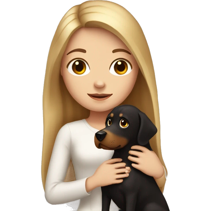 White girl with black long hair holding a brown dog like golden but chocolate  emoji