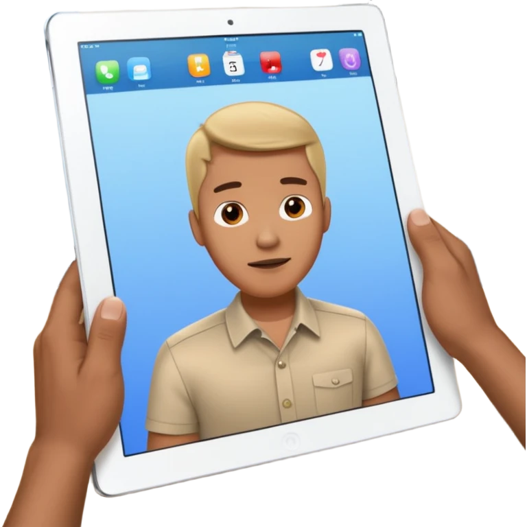 An iPad lying on a desk. On the iPad screen, a video is playing. The video shows a man talking to camera.  emoji