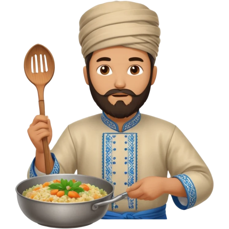 uzbek bearded man with national outfit cooking pilaf emoji