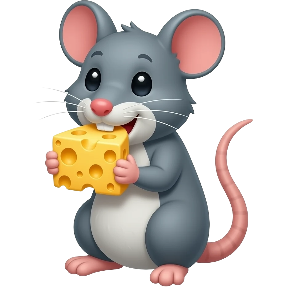 Cartoon grey rat on fours eating cheese emoji
