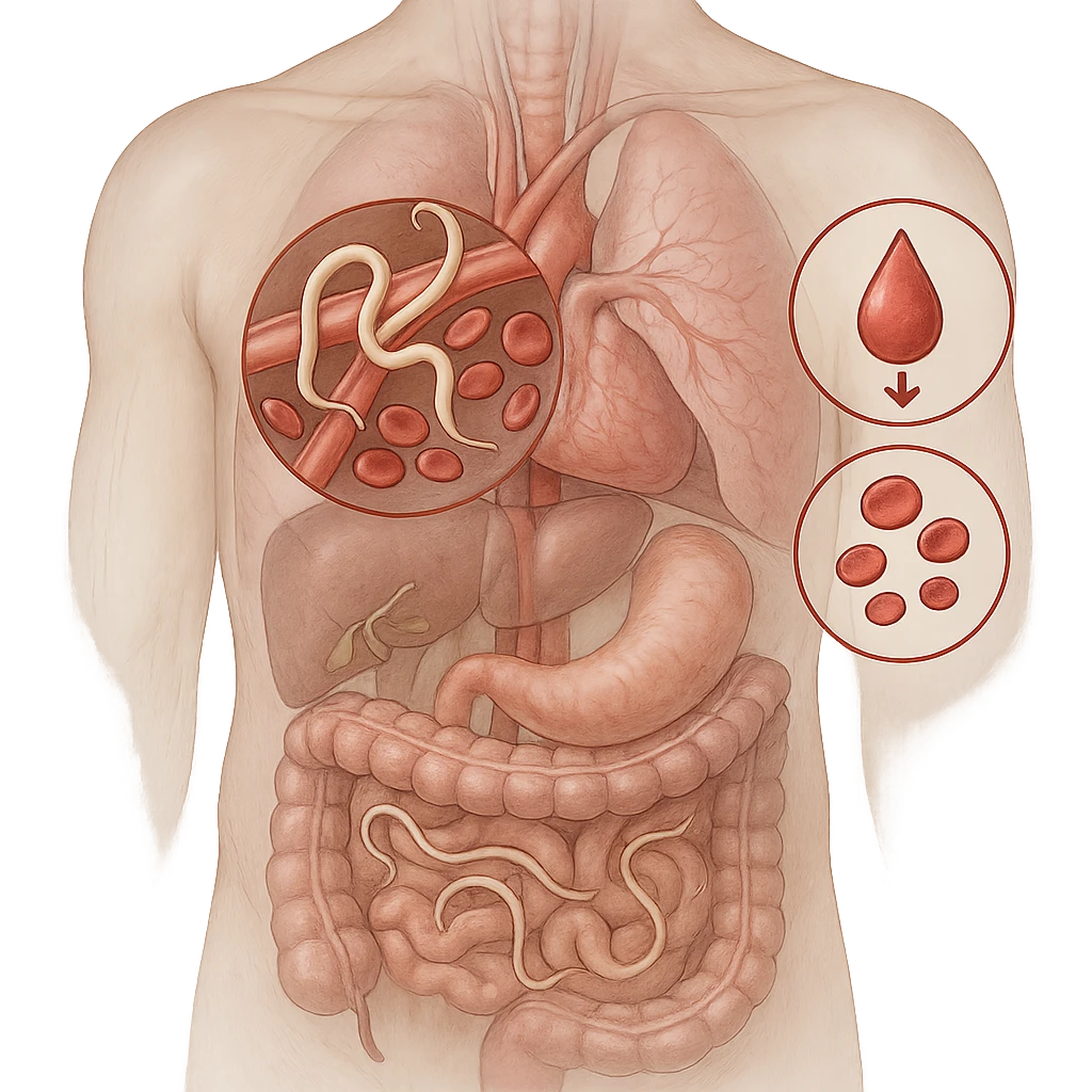 realistic transparent abdomen focusing on hookworms near blood vessels, visible reduction in red blood cells, anemia symbols, other parasites present, medical style emoji