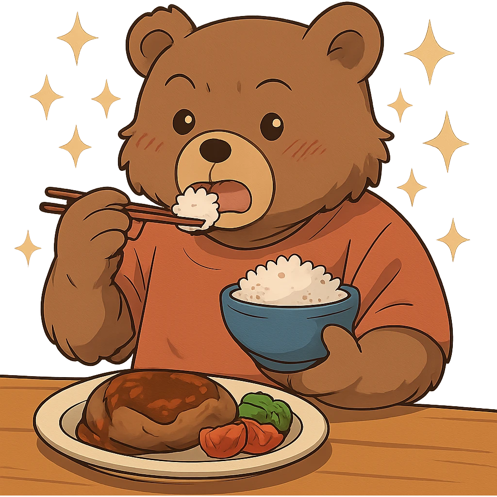 Add magical sparkles around the chibi bear eating. Keep the image with no background. emoji
