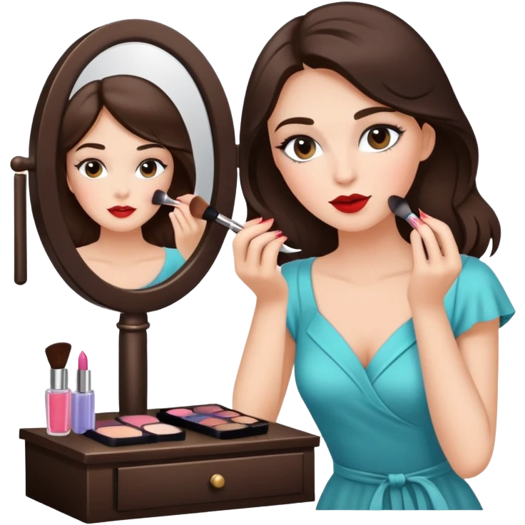 Hyperrealistic brunette woman putting on makeup at a vanity emoji