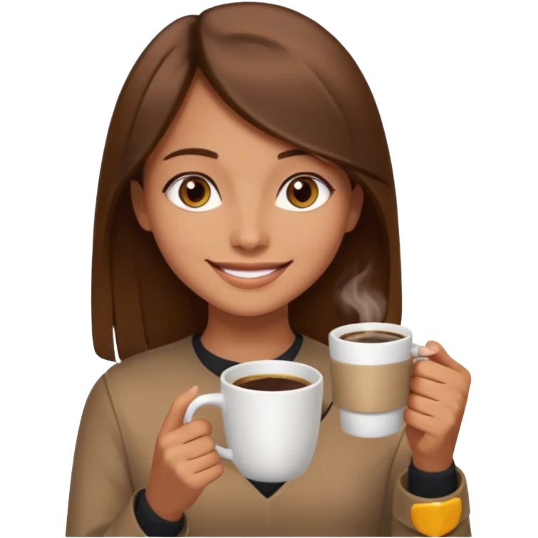 Chica con el pelo café ojos café pelo lacio con una taza de cafe emoji