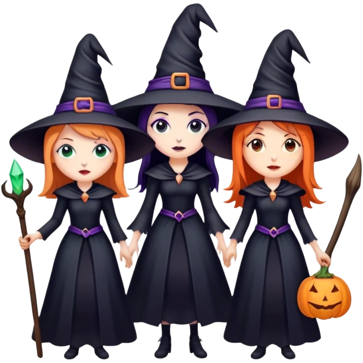A trio of witch sisters, the one in the middle is the tallest. emoji
