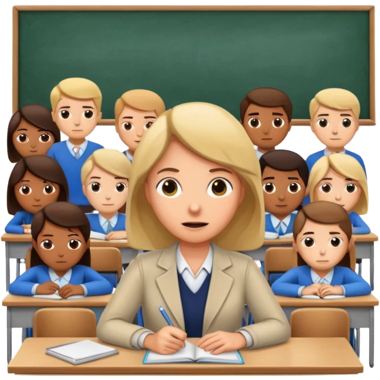exhausted teacher in a bustling classroom emoji