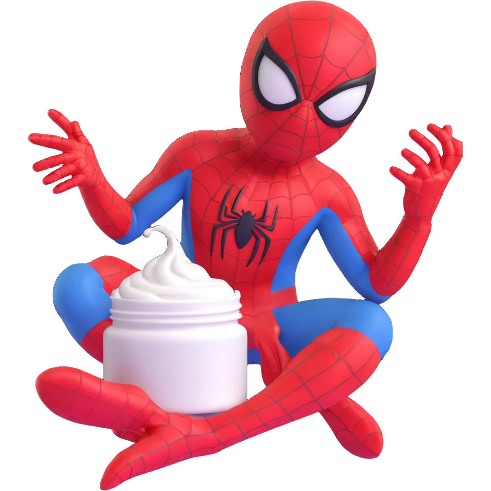 Spiderman doing his skin care routine, applying cream, playful and lighthearted emoji