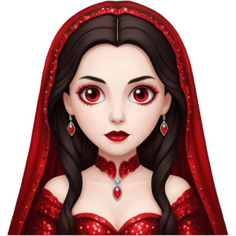 Bride of Dracula with long dark brown hair, red sequin outfit emoji