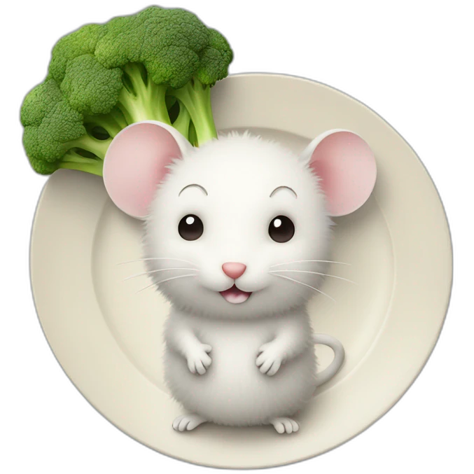 cute fluffy mouse beside (plate) with broccoli emoji