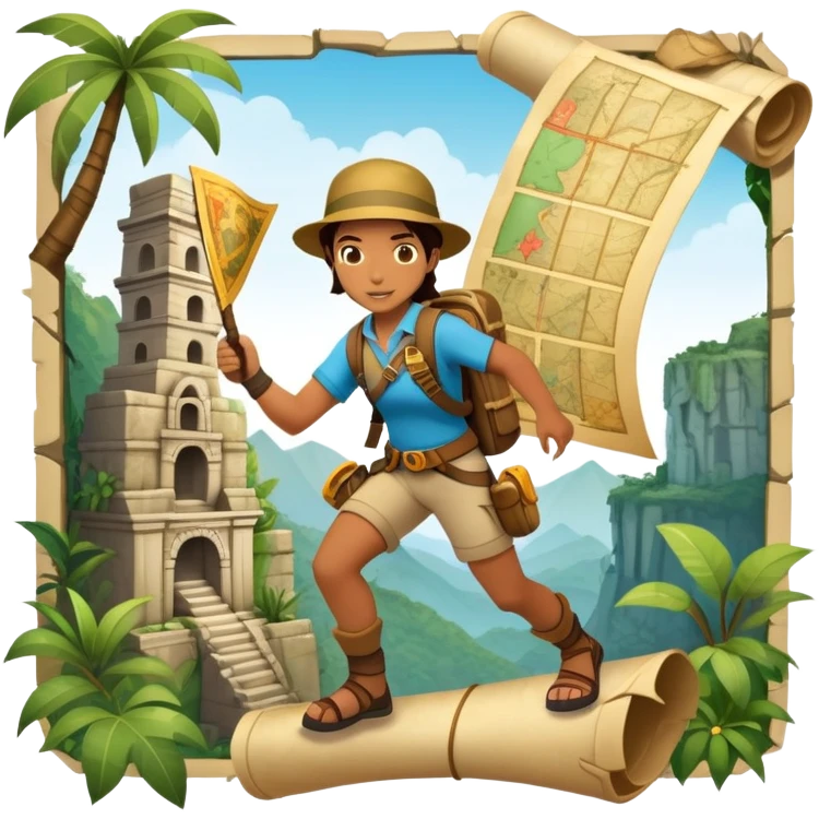 An icon featuring an adventurer in a dynamic action pose with treasure map, ancient ruins and jungle landscapes in the background. The design includes clues, hidden passages and climbing gear, symbolizing the thrill of exploration and discovery. Transparent background. emoji