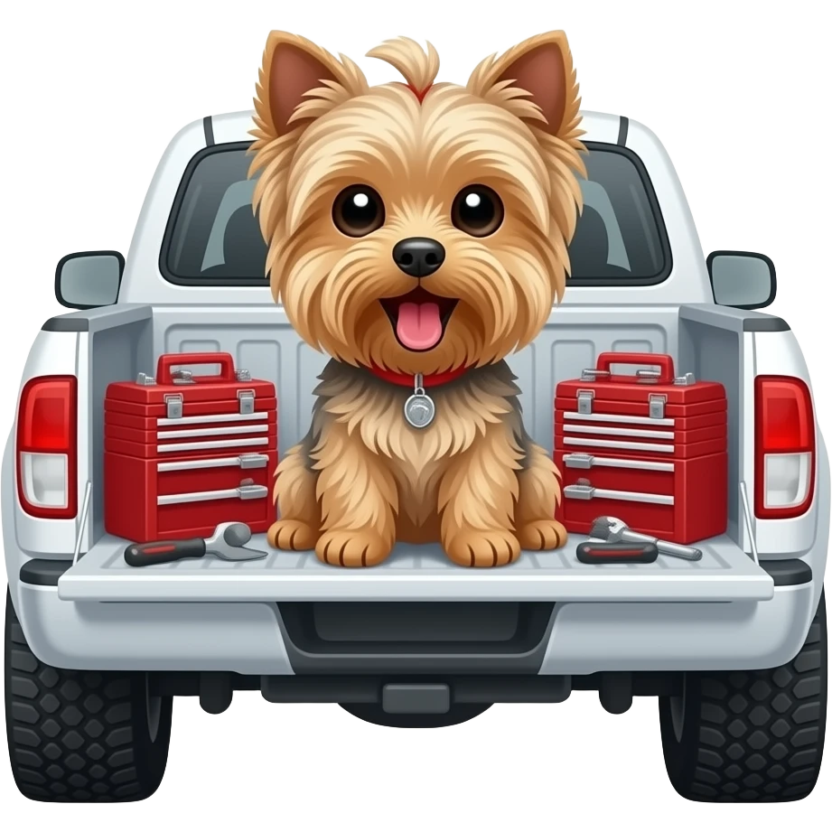 Yorkie dog mouth open sitting in a white 4 door truck surrounded by tool boxes and tools emoji