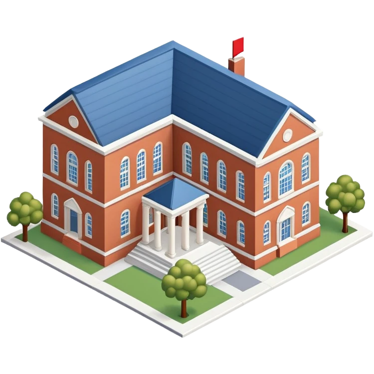 University campus main building, isometric dollhouse-style, realistic emoji