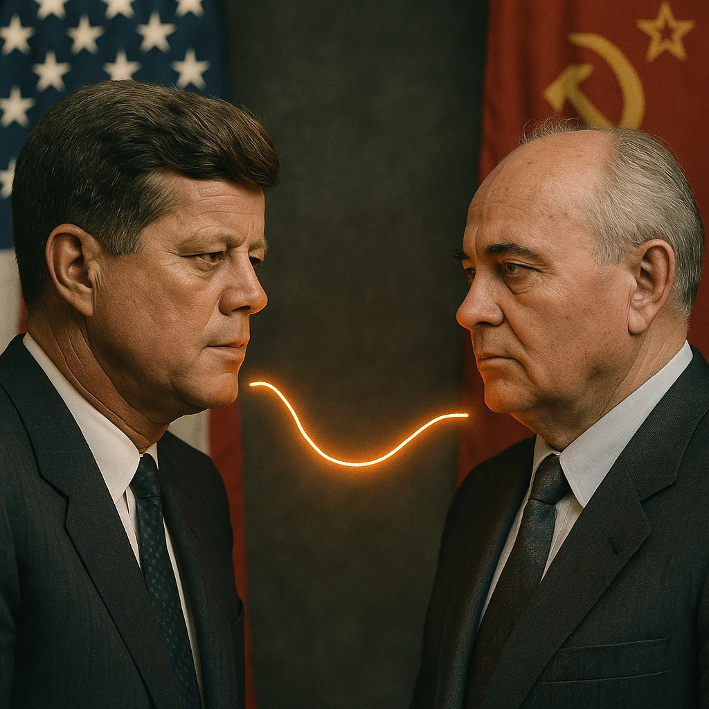realistic portrait of John F. Kennedy and Mikhail Gorbachev with a glowing hot wire between them, US and Russian flags, Cold War context emoji
