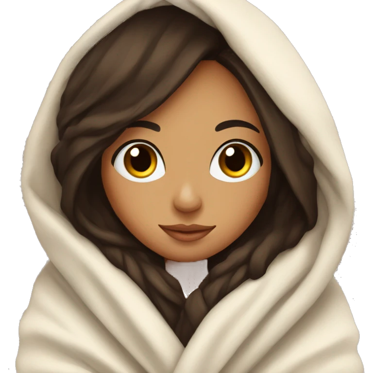 cozy brunette girl wrapped in blanket with eyelashes emoji