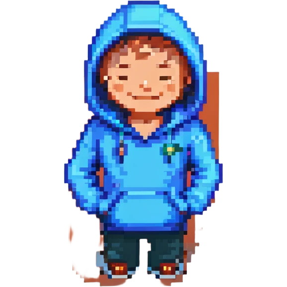 pixel art of a man with a blue hoodie, smiling and blinking animation, simple background emoji