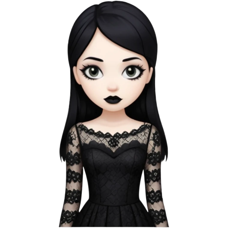 gothic girl pale skin with black lipstick and black hair and eyeliner wearing a black dress lace  emoji