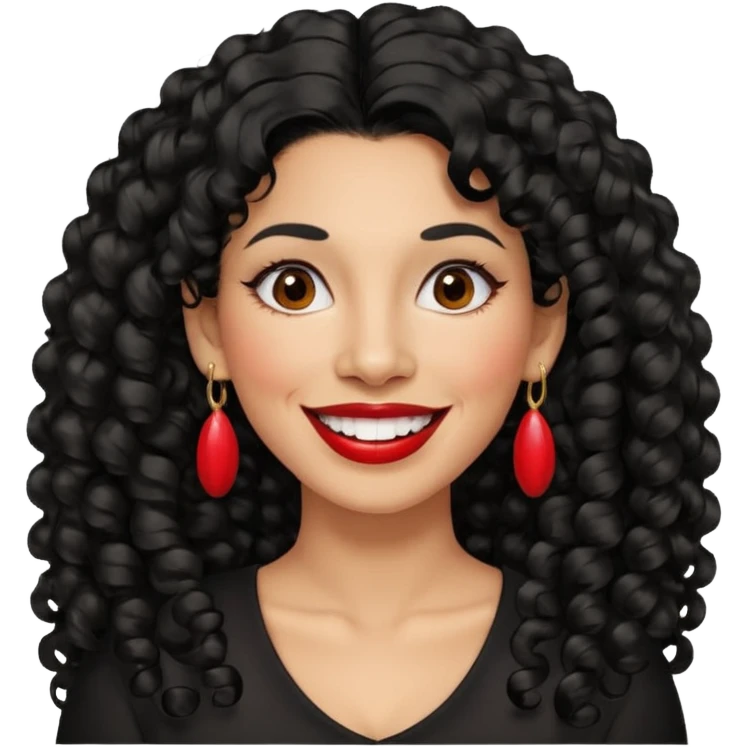 40 yr old peruvian woman, very curly long black hair, red lipstick, big smile, white teeth, brown eyes, hoop earings, side part to hair emoji