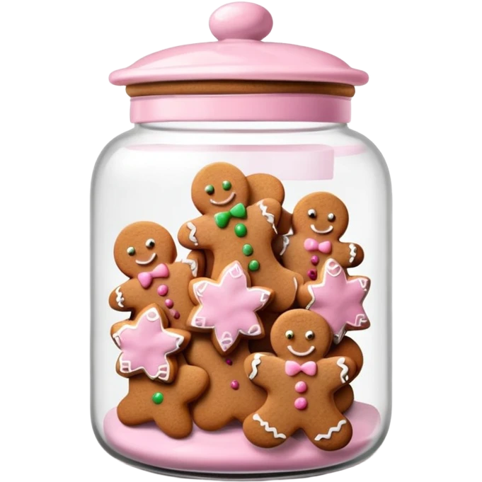 Realistic glass cookie jar with light pink lid full of gingerbread cookies isolated.  emoji