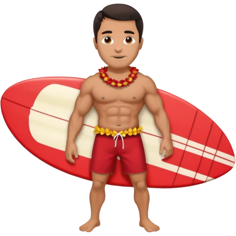Dark-haired tan muscular 50 year old man with red shorts and shell lei surfing emoji