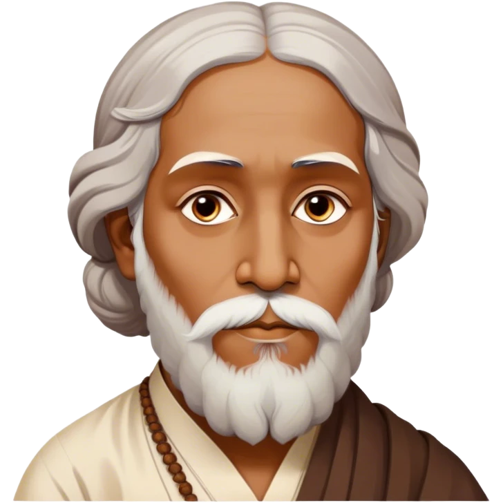 Rabindranath Tagore – Cinematic Realistic Portrait of Rabindranath Tagore, depicted with thoughtful, soulful eyes and gentle features, dressed in traditional Bengali attire with subtle artistic motifs, bathed in warm, soft lighting that evokes his poetic genius and timeless wisdom. emoji