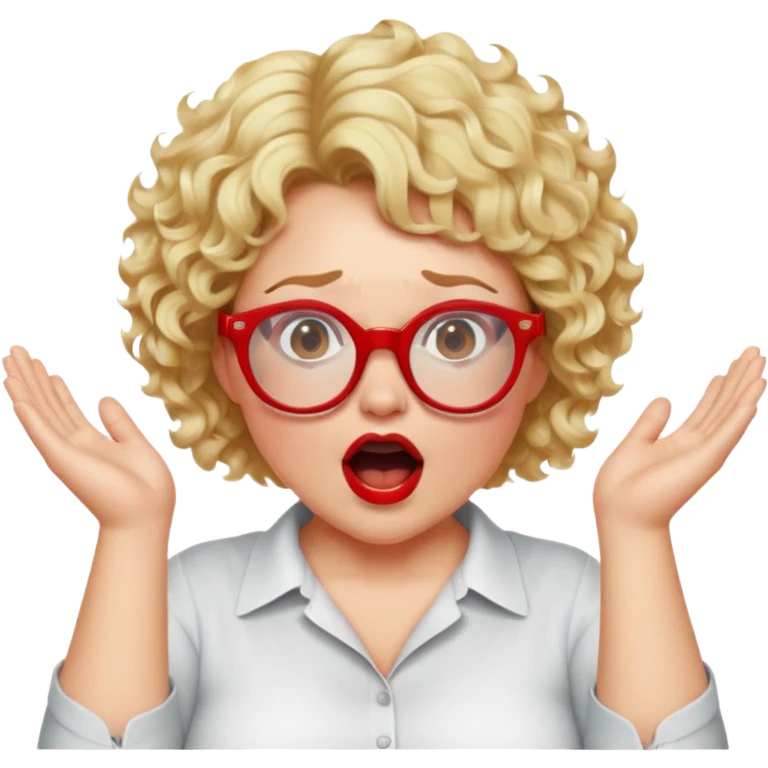 A blonde woman with short curly hair, slightly overweight, wearing red-framed glasses, shouting with hands cupped around her mouth emoji