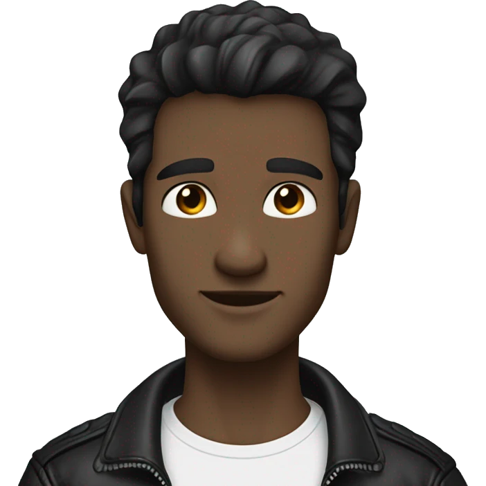 Man

Hair: Dark brown, slightly messy, confident style.
Eyes: blue, determined and curious.
Face: Defined jawline, light stubble, confident brows.
Outfit: Black leather jacket, white t-shirt, dark jeans.
Expression: Subtle, confident smile.
 emoji