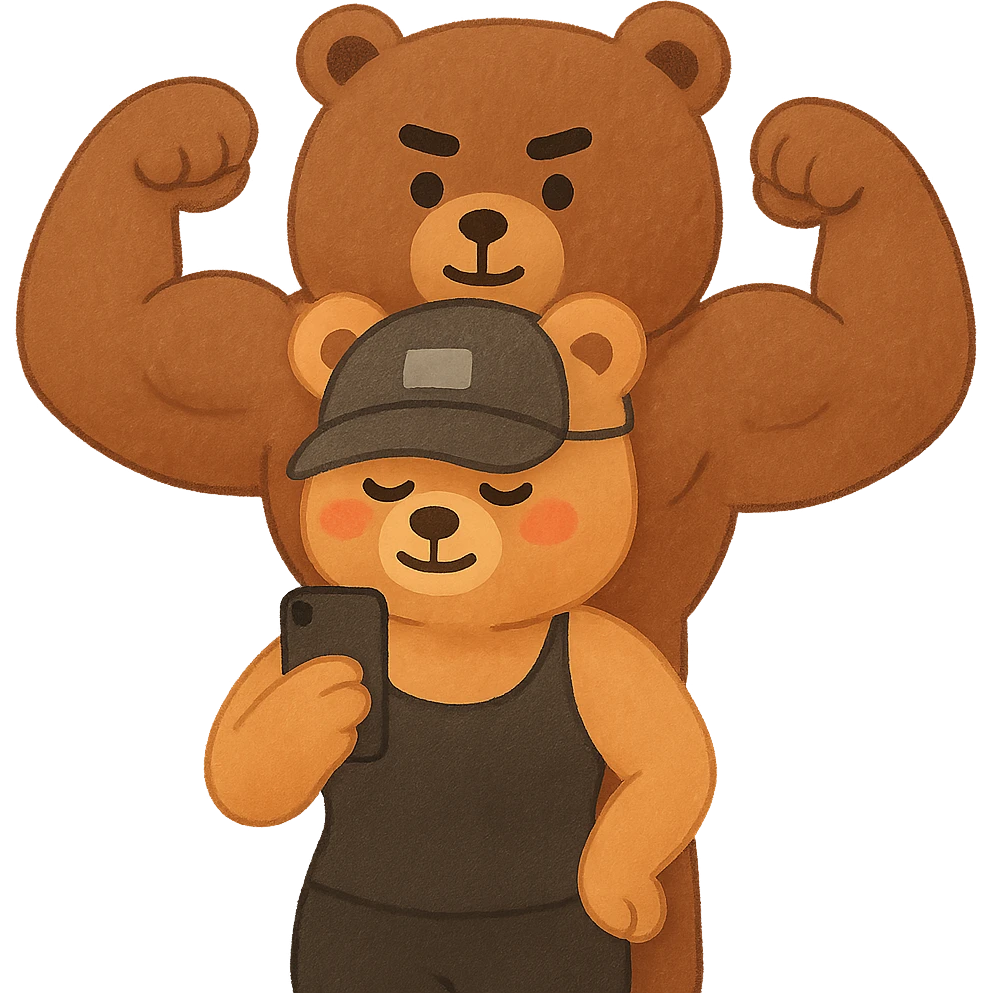 Create an affectionate and cute illustration of two muscle bears inspired by the reference photo. One bear in front with a female shape and the other behind with a male shape doing a double biceps pose. The style should resemble apple emoji style. Remove the background. emoji