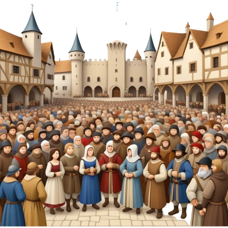 Large crowd of medieval people gathered in town square, mixture of wealthy merchants in fine clothes and commoners in simple attire emoji