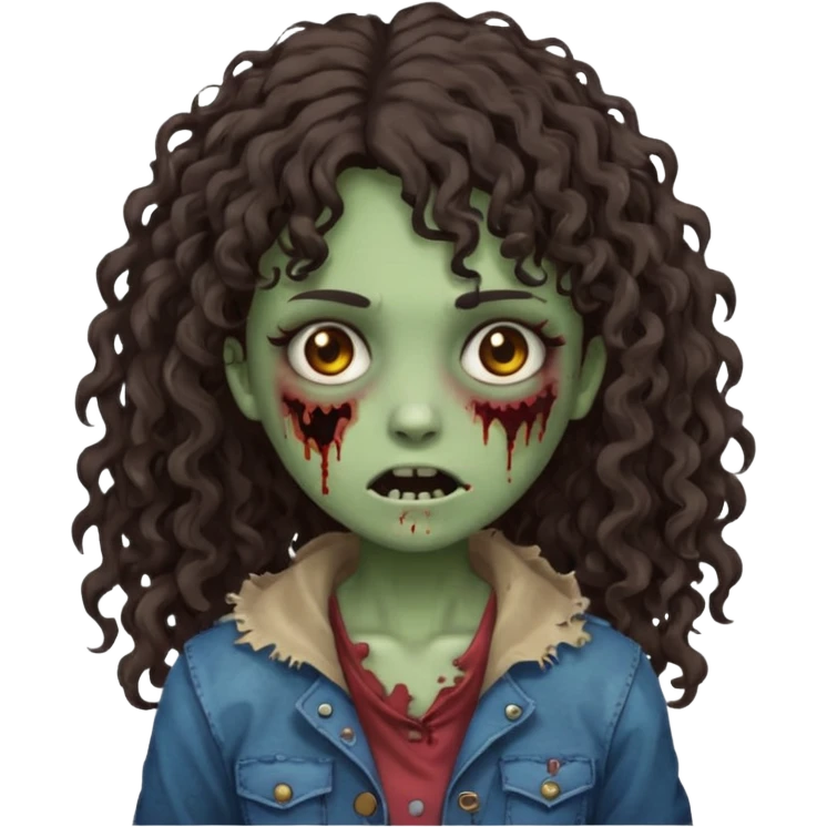 Emoji garota zombie com cabelo castanho escuro cacheado longo com franja cacheada emoji