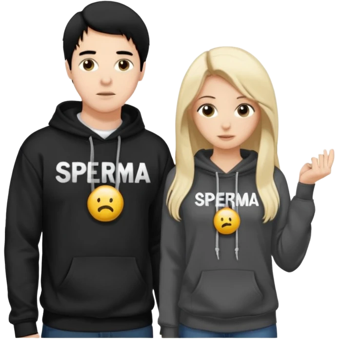 I want it to be this emote 🙍‍♂️
of a white guy with black hair and a black sweatshirt with the word "sperma" written in white in the middle. Behind him, there's a pretty blonde with long hair, pulling the string on the first person's hoodie. The girl is wearing a gray sweatshirt. emoji