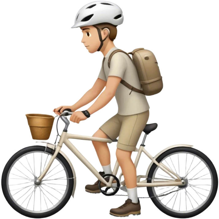 a white man walking next to his bike, a bicycle helmet on the head emoji