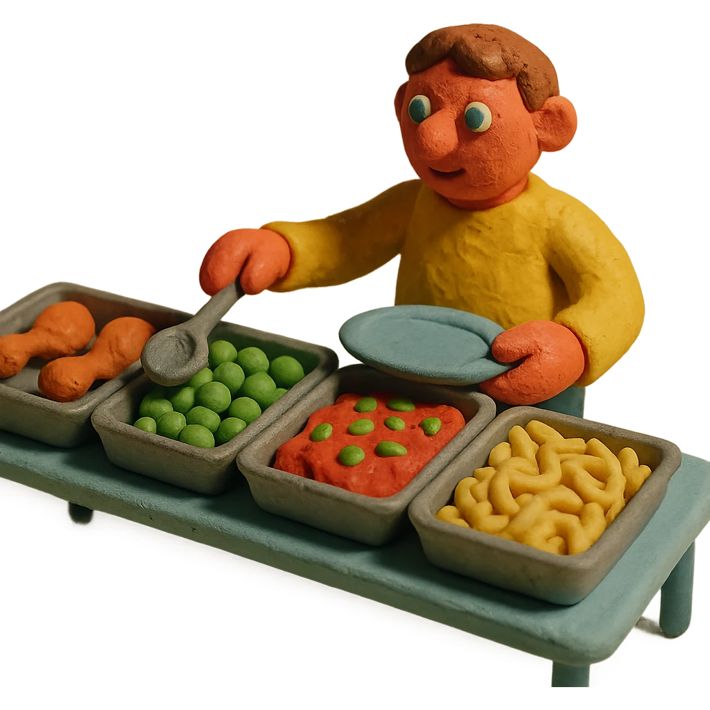 claymation style buffet service with plasticine food and trays emoji