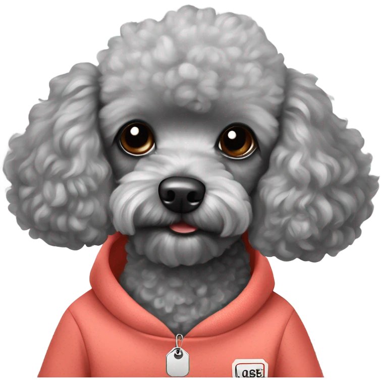 Gray toy poodle with a sweatshirt with the name Louie on his tag emoji
