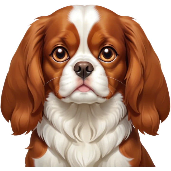 Cinematic Grumpy Blenheim Cavalier King Charles Spaniel Portrait Emoji, Head tilted slightly with a deeply unimpressed expression, thick Blenheim coat with pronounced chestnut and white markings, large, droopy brown eyes narrowed into an unamused glare, ears slightly drooping in exasperation, Simplified yet comically expressive features, highly detailed, glowing with a dry, sarcastic glow, high shine, effortlessly judgmental yet dignified, stylized with a touch of cynicism, bright but brooding, soft glowing outline, capturing the essence of an eternally unimpressed yet endearing companion, so lifelike it feels like it could sigh heavily at you in disdain at any moment! emoji