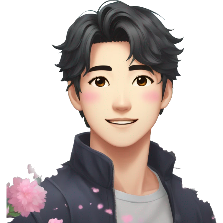 Gorgeous bright sparkly romantic Asian anime style guy with blushing face and flowers aesthetic trending style outside emoji