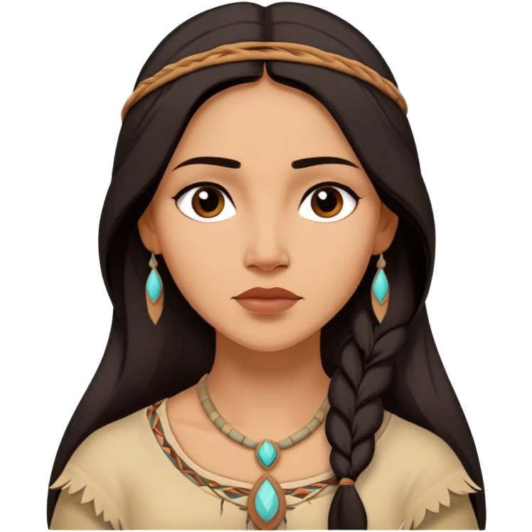 Cinematic Serene Pocahontas Portrait Emoji, rendered in a realistic, simplified vector style. Depict a gentle Pocahontas (chest and above) with warm, glowing skin, loosely flowing dark hair, and a calm, reflective expression, wearing modest traditional attire in earthy hues. The image is bathed in a soft, inviting glow with high shine and a soft glowing outline. emoji