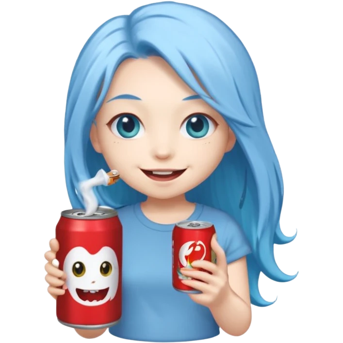 Chibi sticker of a woman with very long powder blue hair with white eyes holding a can of white Monster with a smug smile emoji