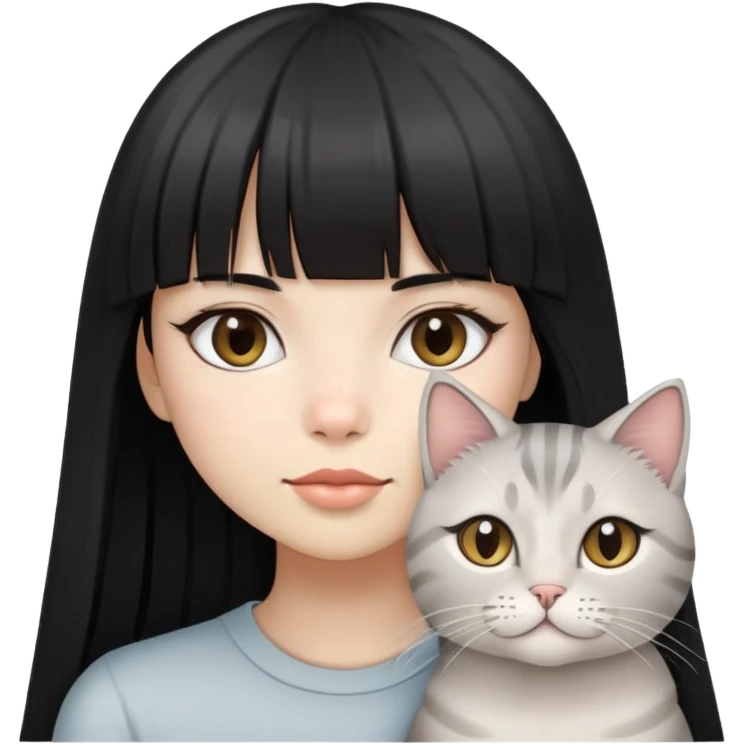 girl with long black  straight bangs hair and two light grey-shared cats emoji