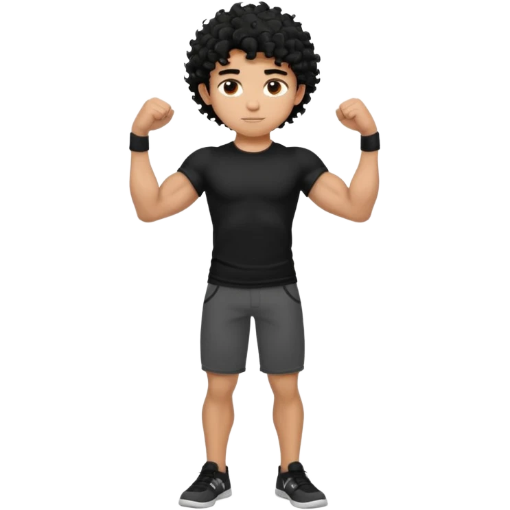 full body view of muscular teen boy with veiny hands arms and biceps. has messy black curly hair with dark-tan skintone with black tshirt emoji