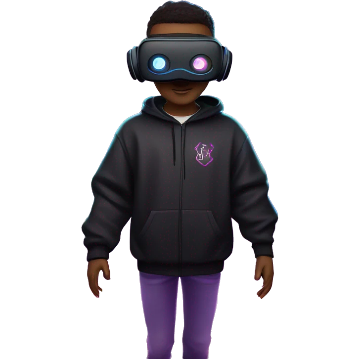 Harry Potter wearing a black hoodie with "OMG" letters on it and VR headset oculus quest 2 in a cyberpunk VR environment with violet neon lighting. emoji