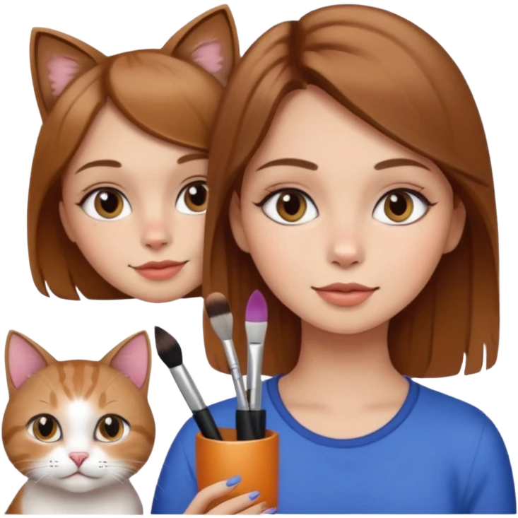 A image of a girl with light brown hair doing her makeup with her cat emoji