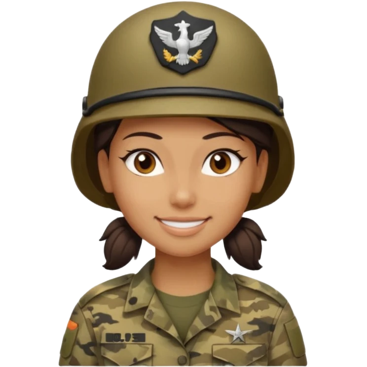Apple-style emoji: female soldier, bust, no cap/helmet, friendly smile, generic camo top,  emoji