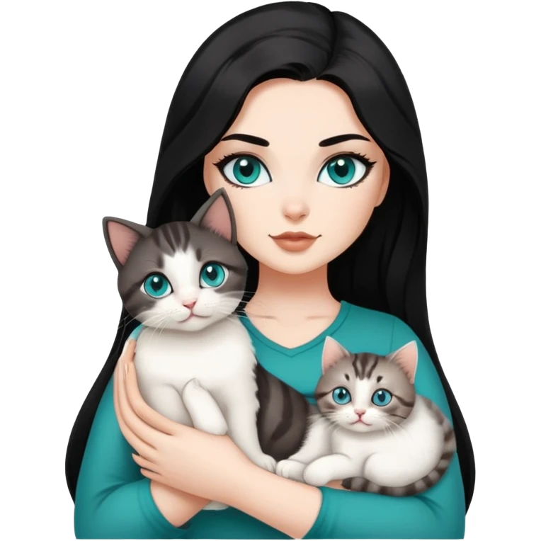 Hot curvy woman, teal eyes black eyelashes, long hair, with super cute kitten, she is white with brown hair, black top, the cat is a brown and grey tabby emoji