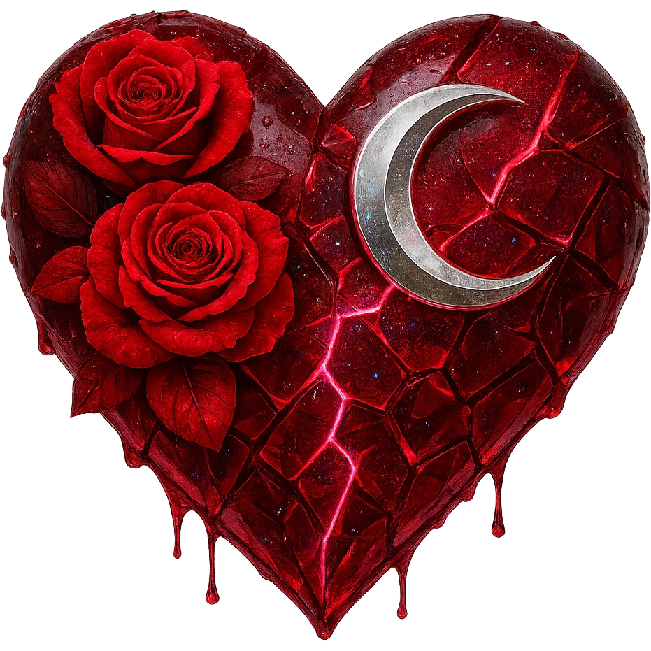 Edit the gothic heart to feature splintered deep red glass, silver crescent moon, red roses, holographic stardust, neon lightning, and a wet look. Keep the background transparent. The style should maintain the gothic heart's original look with transparent background. emoji