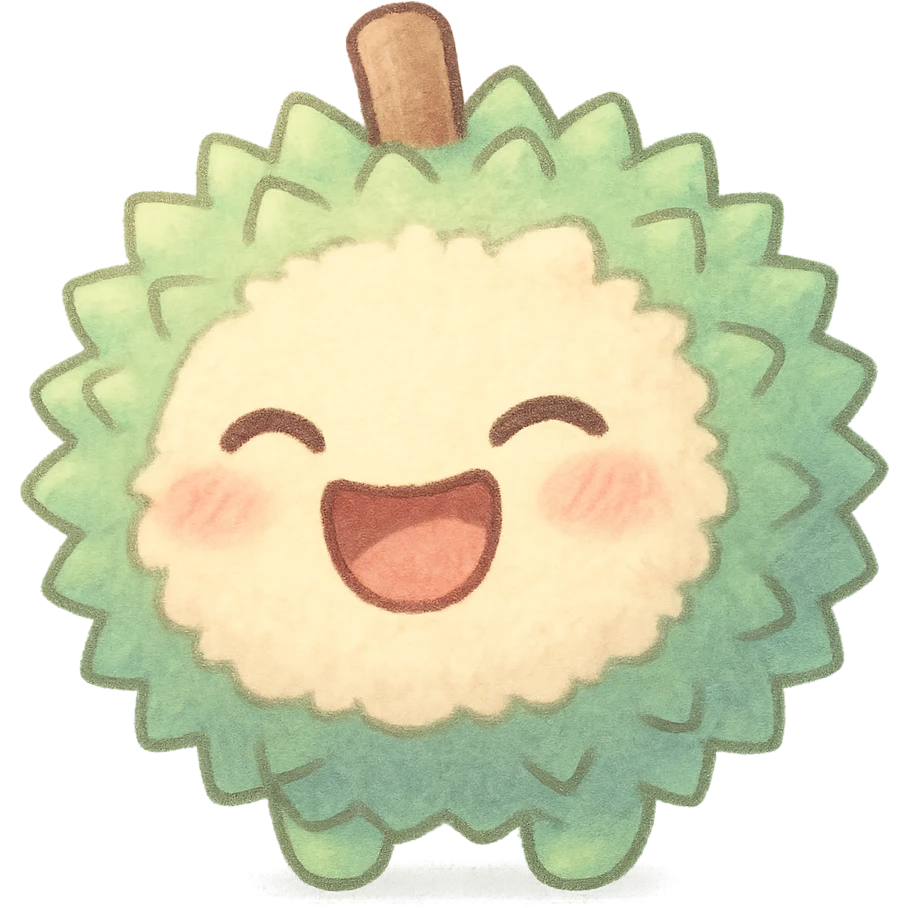 round durian in chibi style, green spiky shell, yellow flesh, soft fluffy, laughing, eyes closed, mouth wide open, soft pastel tones, full-body emoji