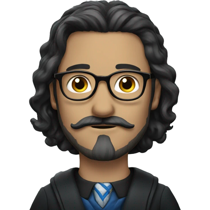 a white man with black, long and straight hair, a black mustache and glasses, ravenclaw emoji