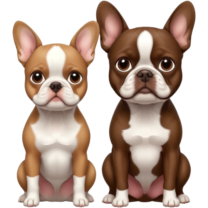 All pure white French bulldog sitting next to skinny brown Boston terrier emoji